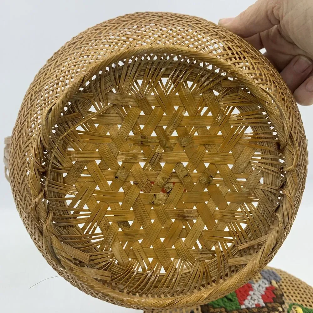 Vtg Rattan Sewing Basket Crochet Handmade‎ Boho Farmhouse Unique Cottagecore